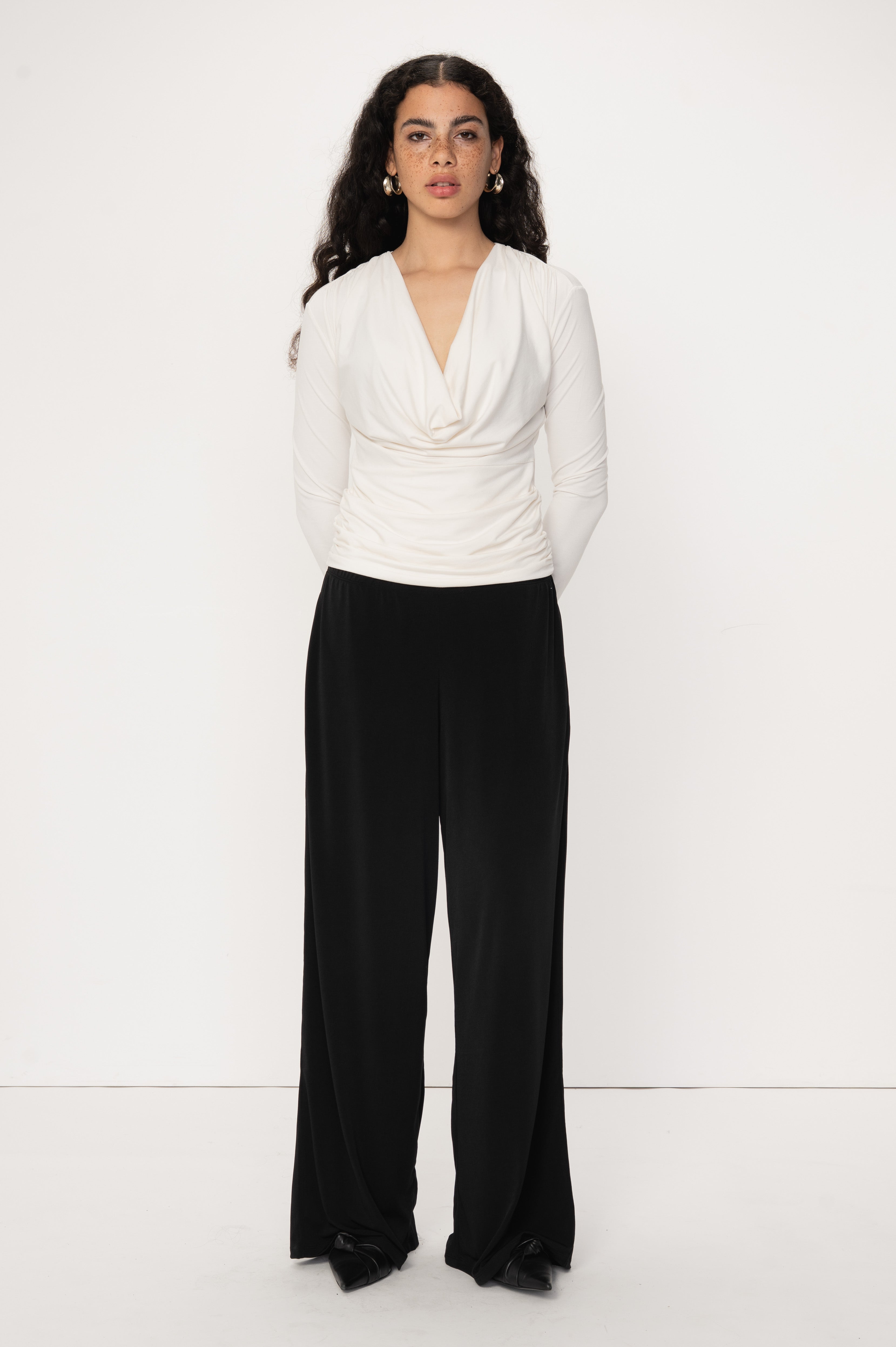 VIVEH Aludra top in Coconut Milk – waterfall neckline – front view