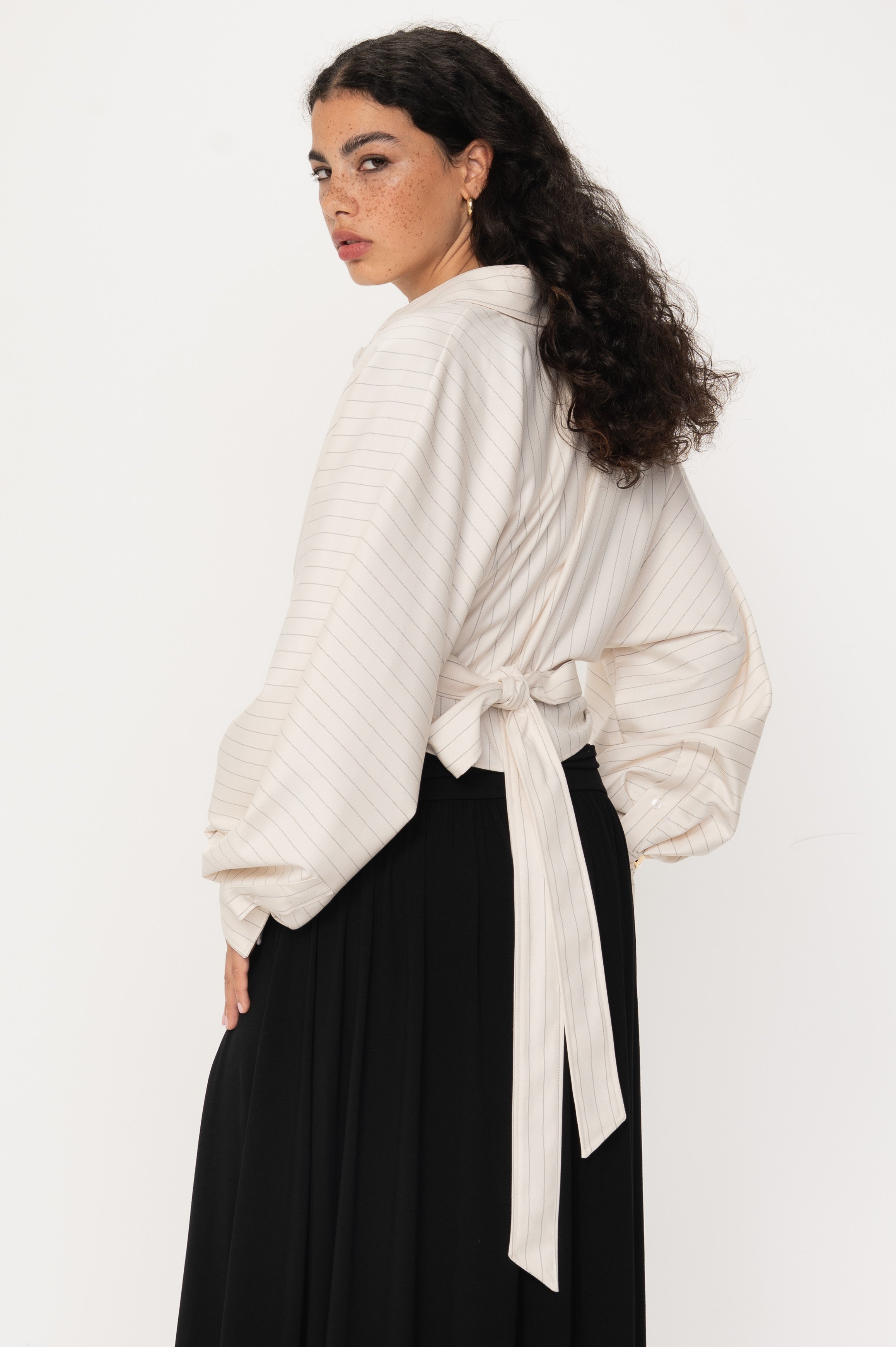 VIVEH Navi top in Coconut milk Pinstripe – back view