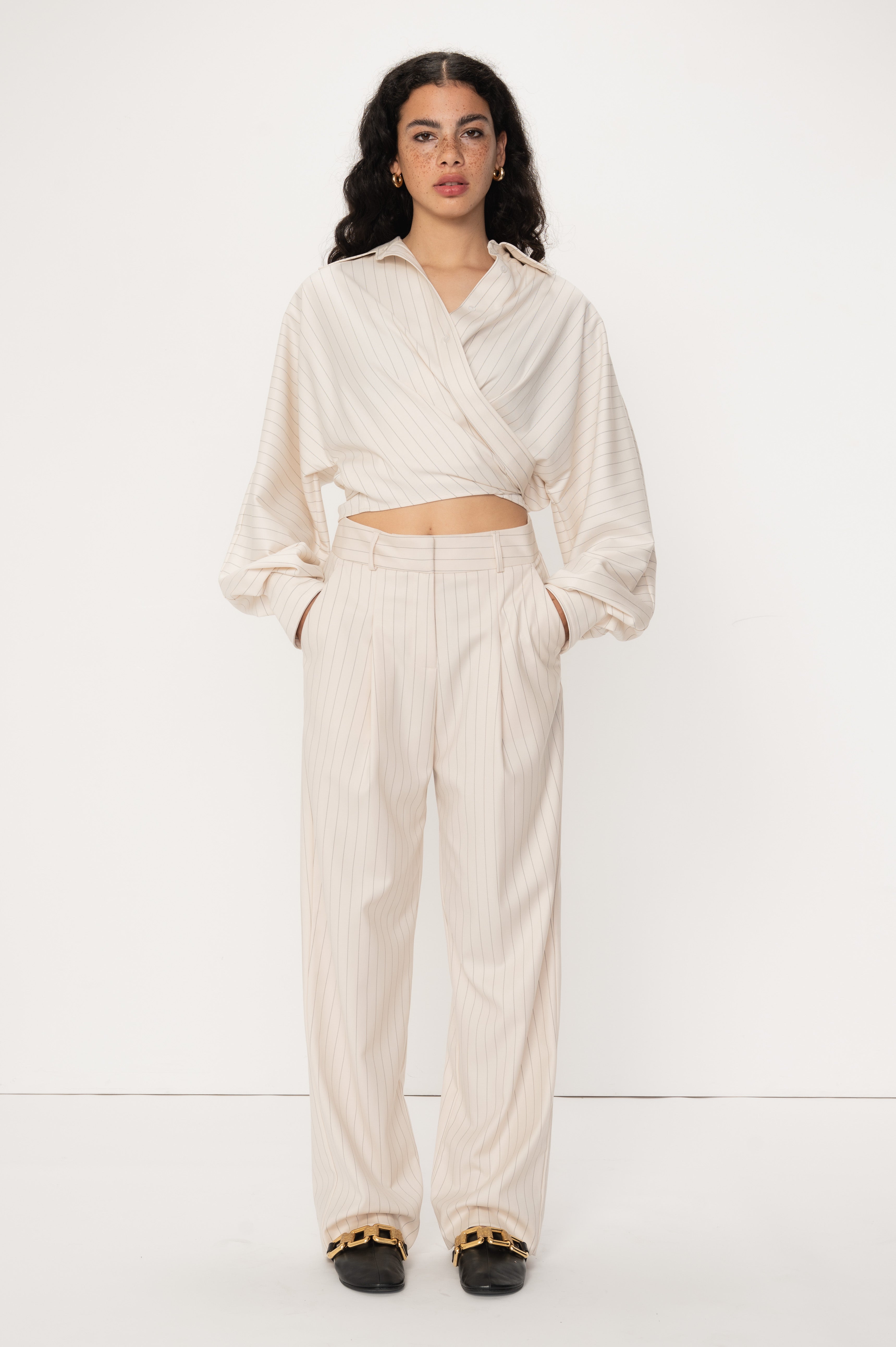 VIVEH Navi top in Coconut milk Pinstripe – styled view