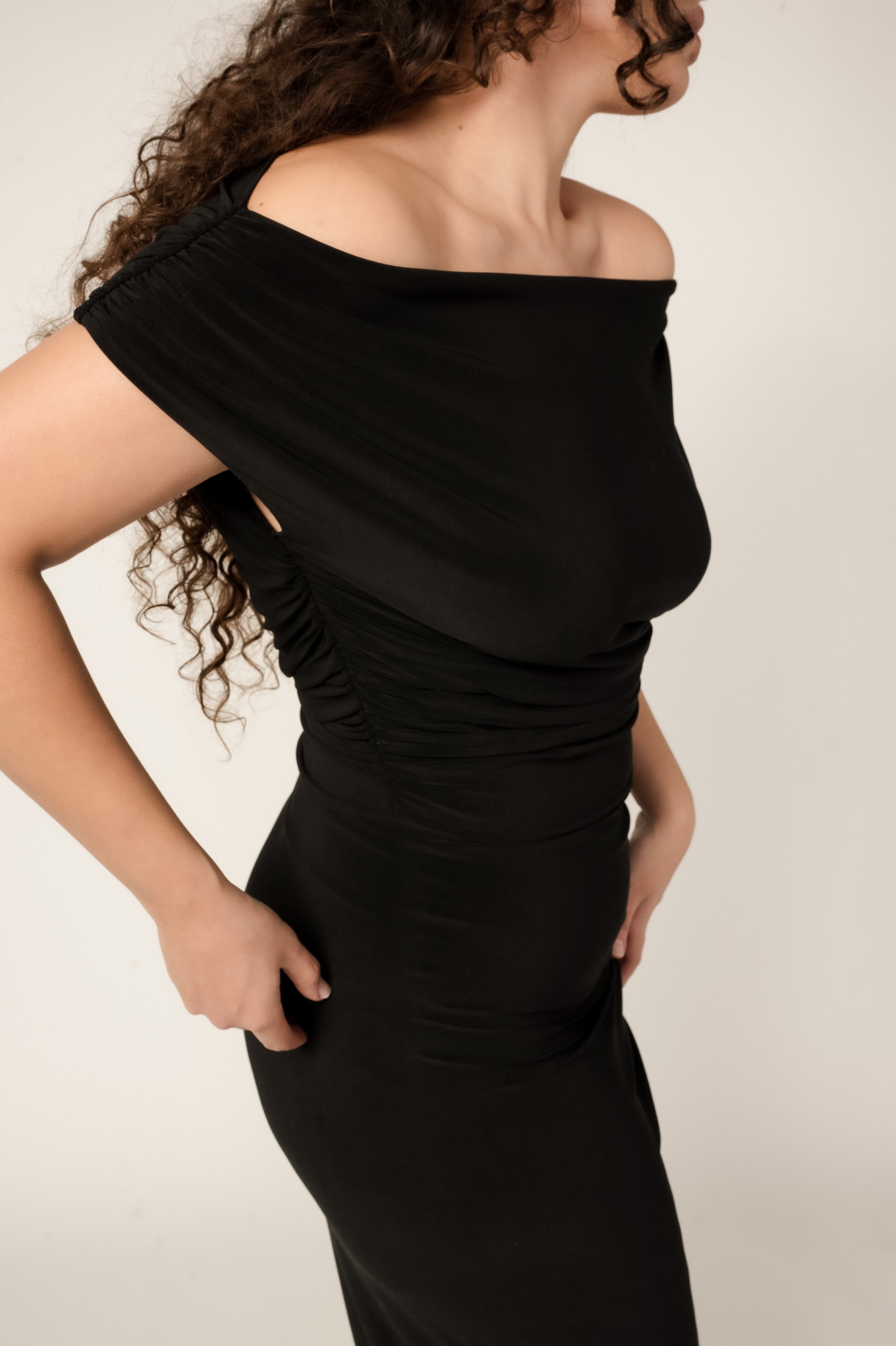 VIVEH Columbine dress in Mocha – styled view