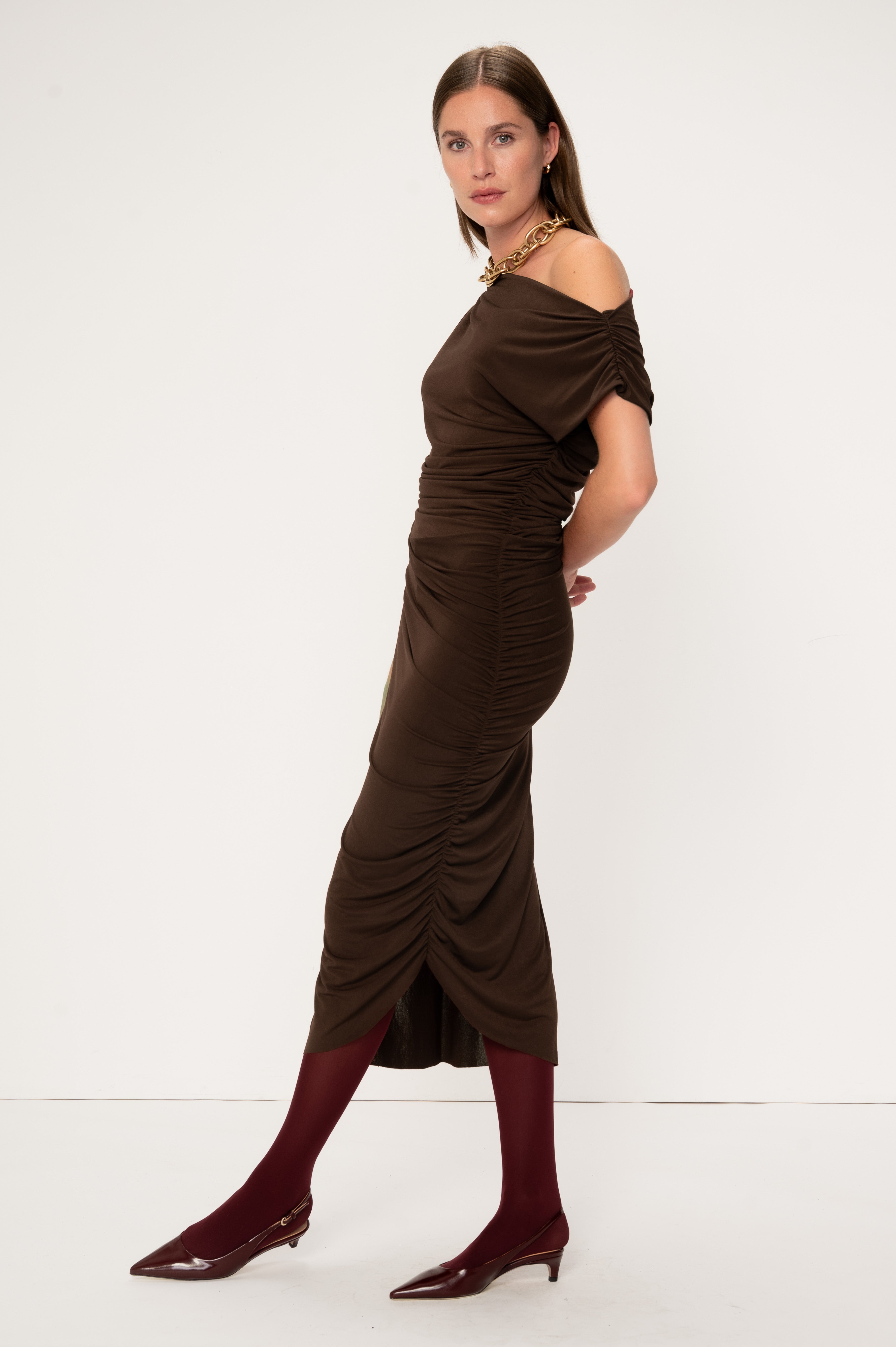 VIVEH Columbine dress in Mocha – side view