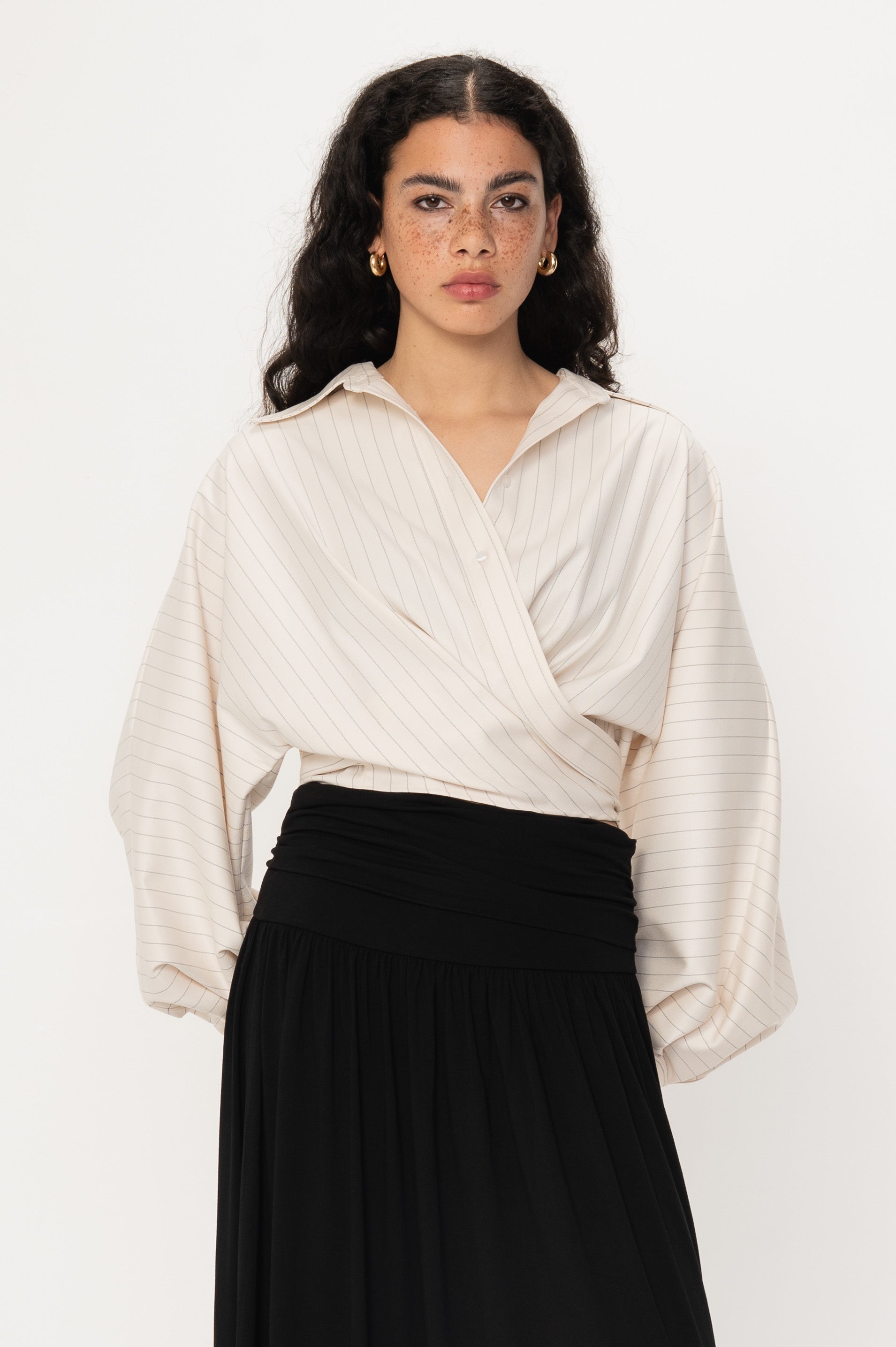 VIVEH Navi top in Coconut milk Pinstripe – '- structured pinstripe button-up wrap blouse – front view