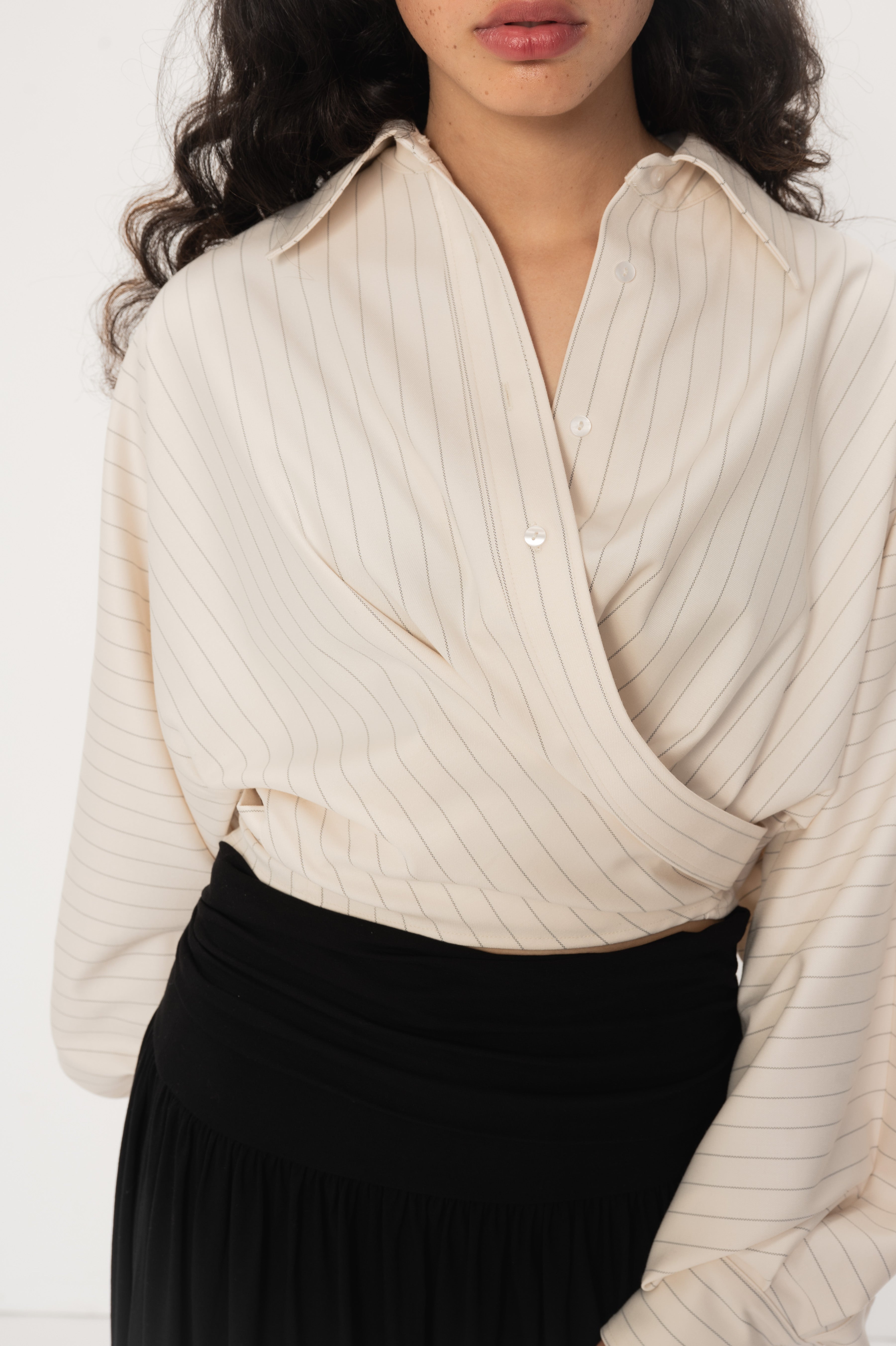 VIVEH Navi top in Coconut milk Pinstripe – styled view