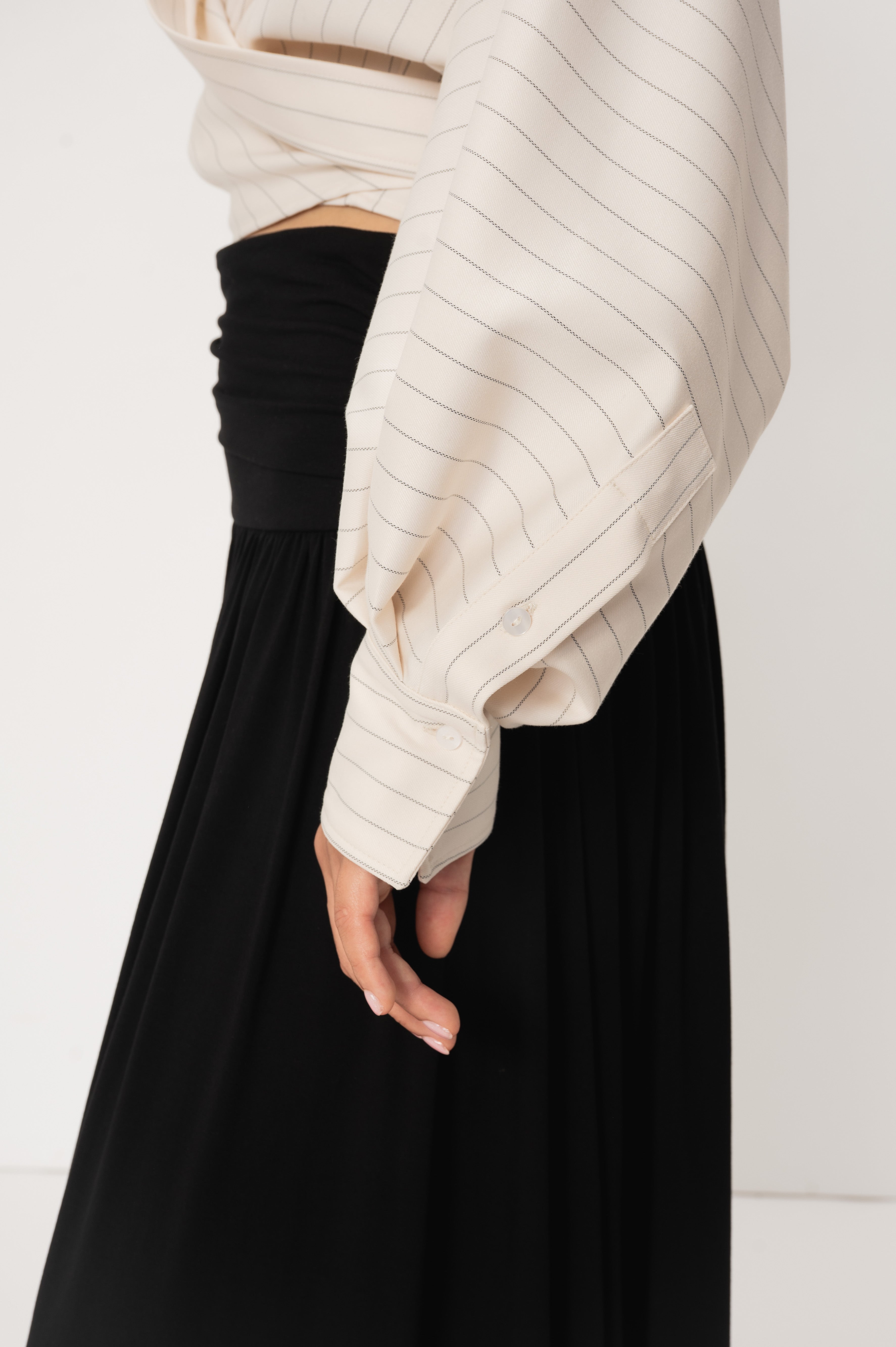 VIVEH Navi top in Coconut milk Pinstripe – styled view