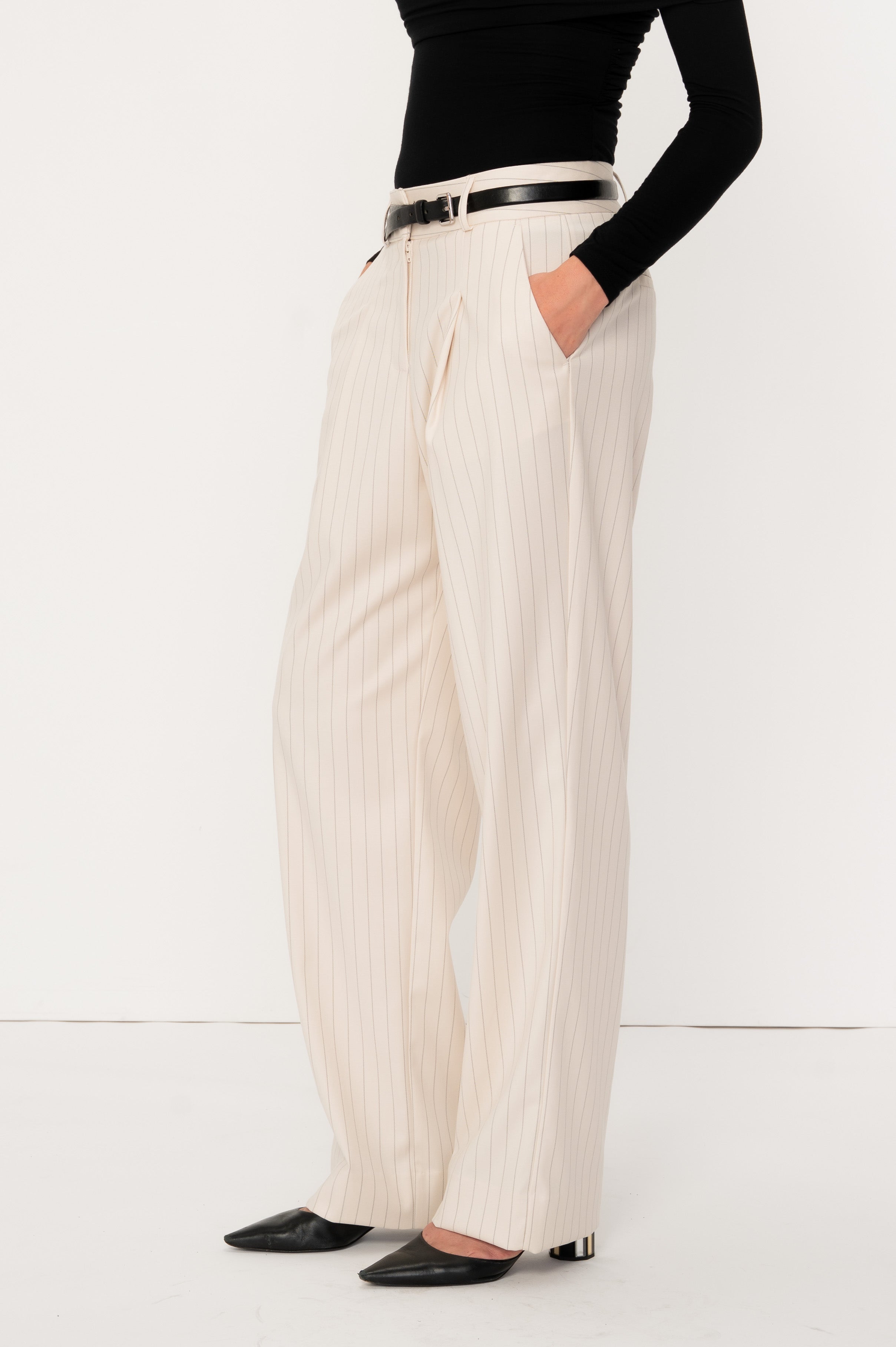VIVEH Polaris Coconut Milk trousers in Coconut milk Pinstripe – front view