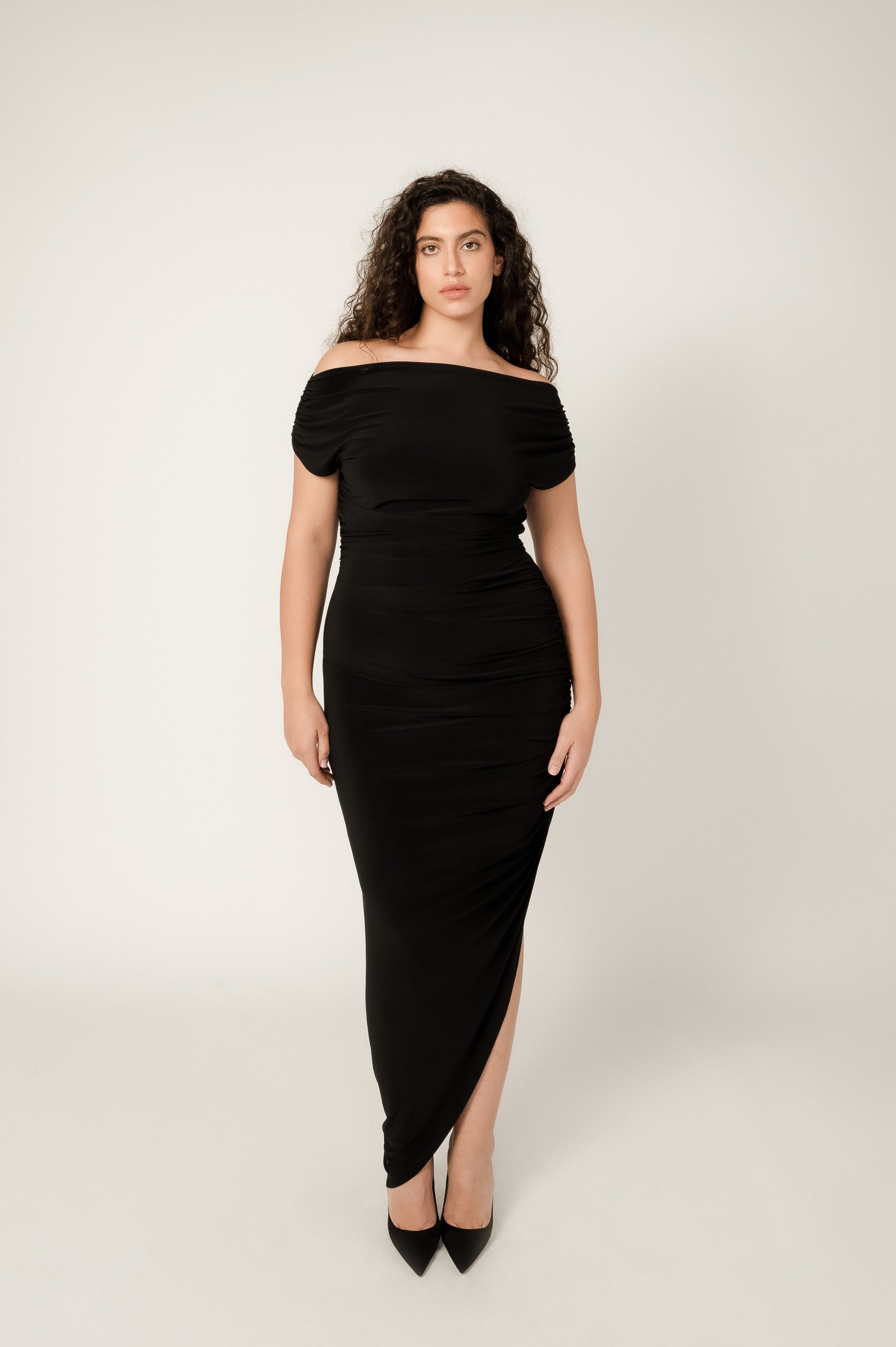 VIVEH Columbine dress in Mocha – styled view