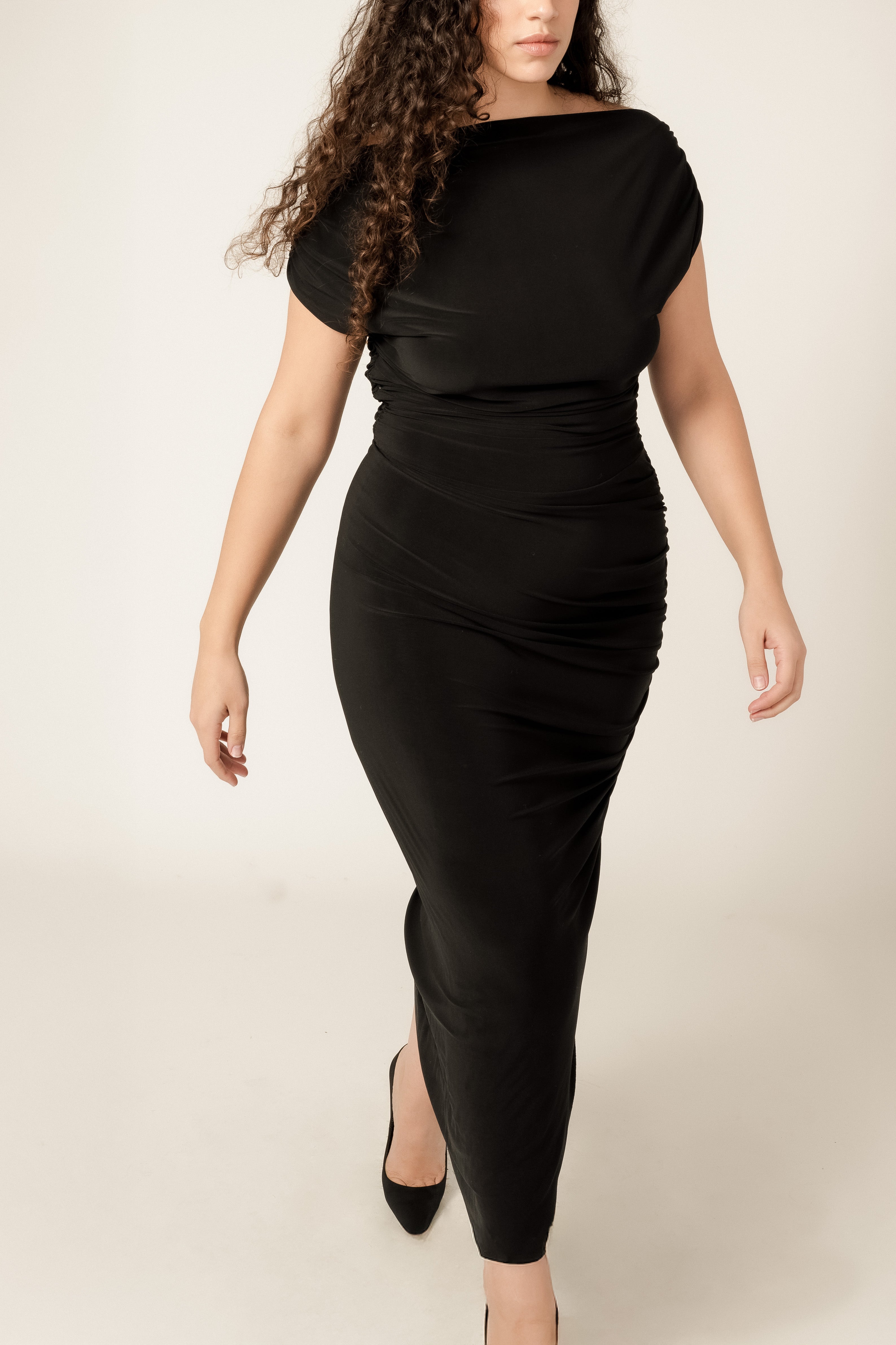 VIVEH Columbine dress in Mocha – styled view