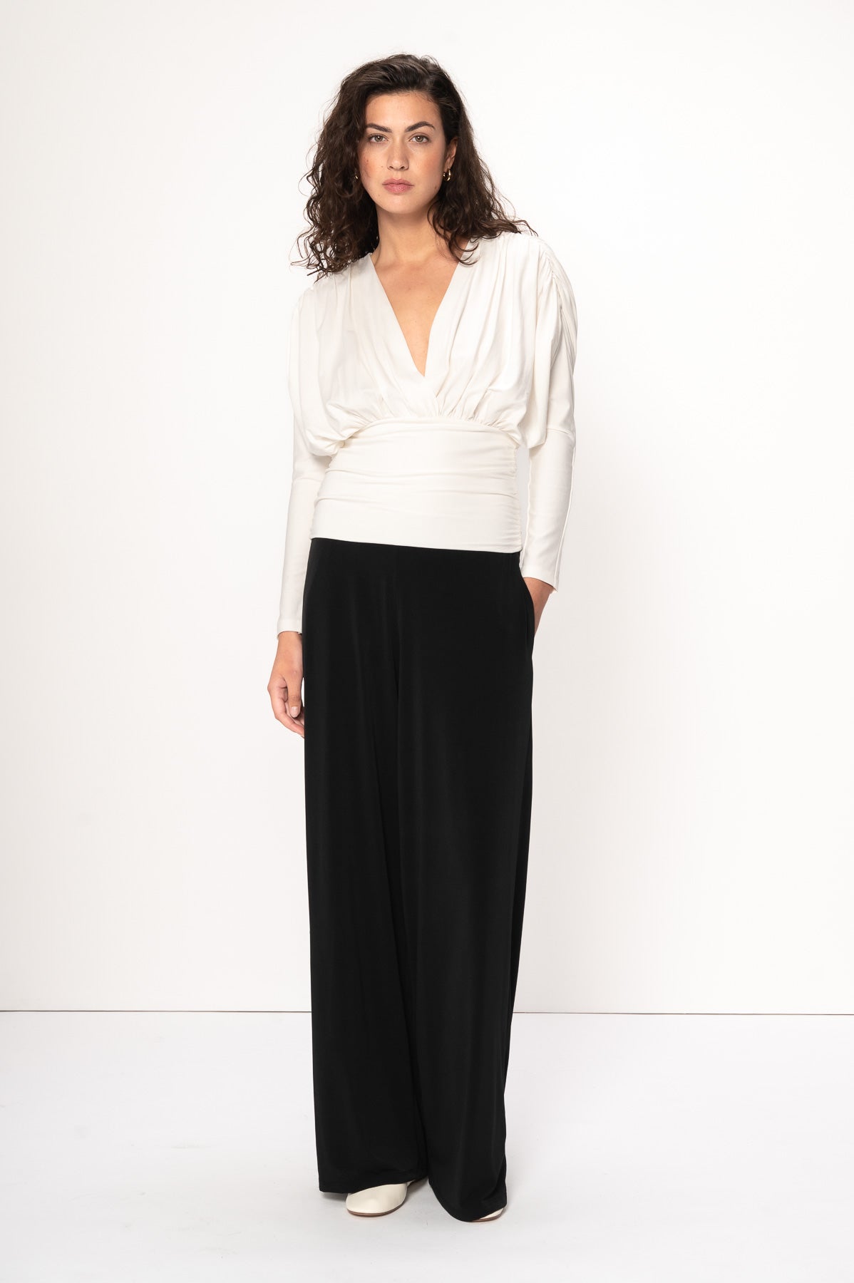 VIVEH Salvia top in Coconut Milk – draped body and waist detailing – front view